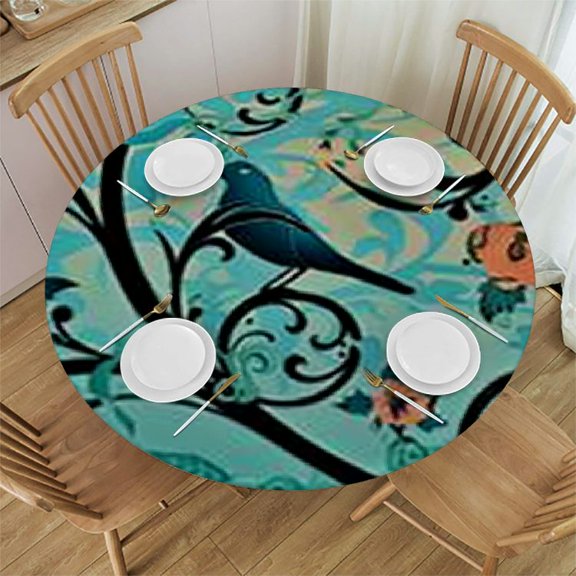 HAOXIT Teal Tablecloth, Abstract Floral Modern Illustration with Winding Leaves Vinesd Flowers, Round Table Cover for Dining Room Kitchen Decor