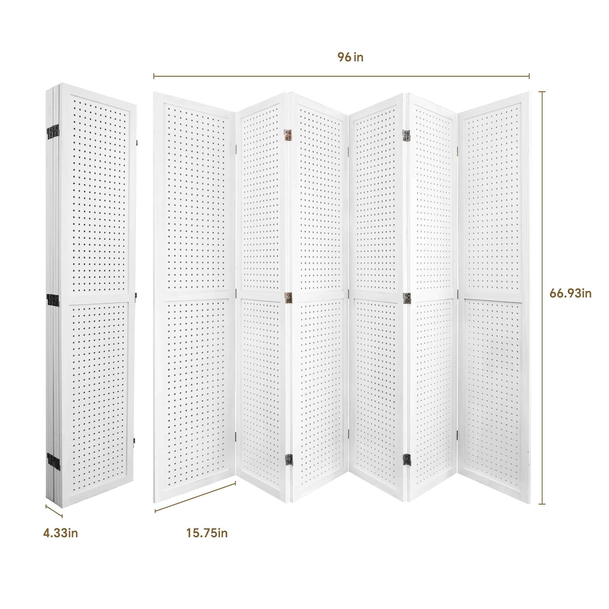 MAYEERTY 6 Panel Freestanding Room Divider, 5.6Ft Wooden Privacy Screen with Shelves, Elegant White