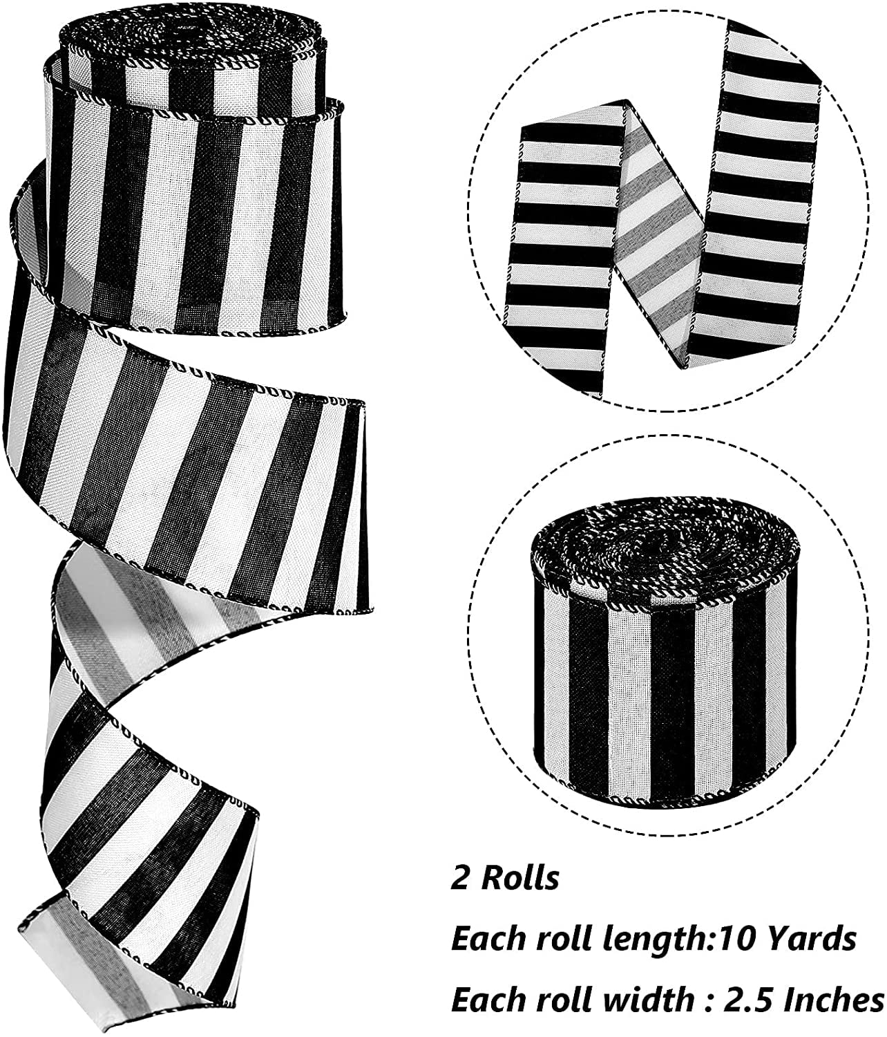 ABPETE 20 Yards 2 Rolls Black and White Ribbon Horizontal Striped Decorative Garland Ribbons Spiral Wired Ribbon for Christmas Tree Decor Xmas Wrapping DIY Crafts Decoration(Stripe,2.5 Inch Wide)