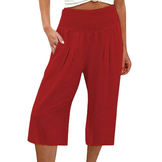 Innerwin Bottoms Wide Leg Women Palazzo Pant Holiday Solid Color Loose Fit Capri Pants Watermelon Red 3XL