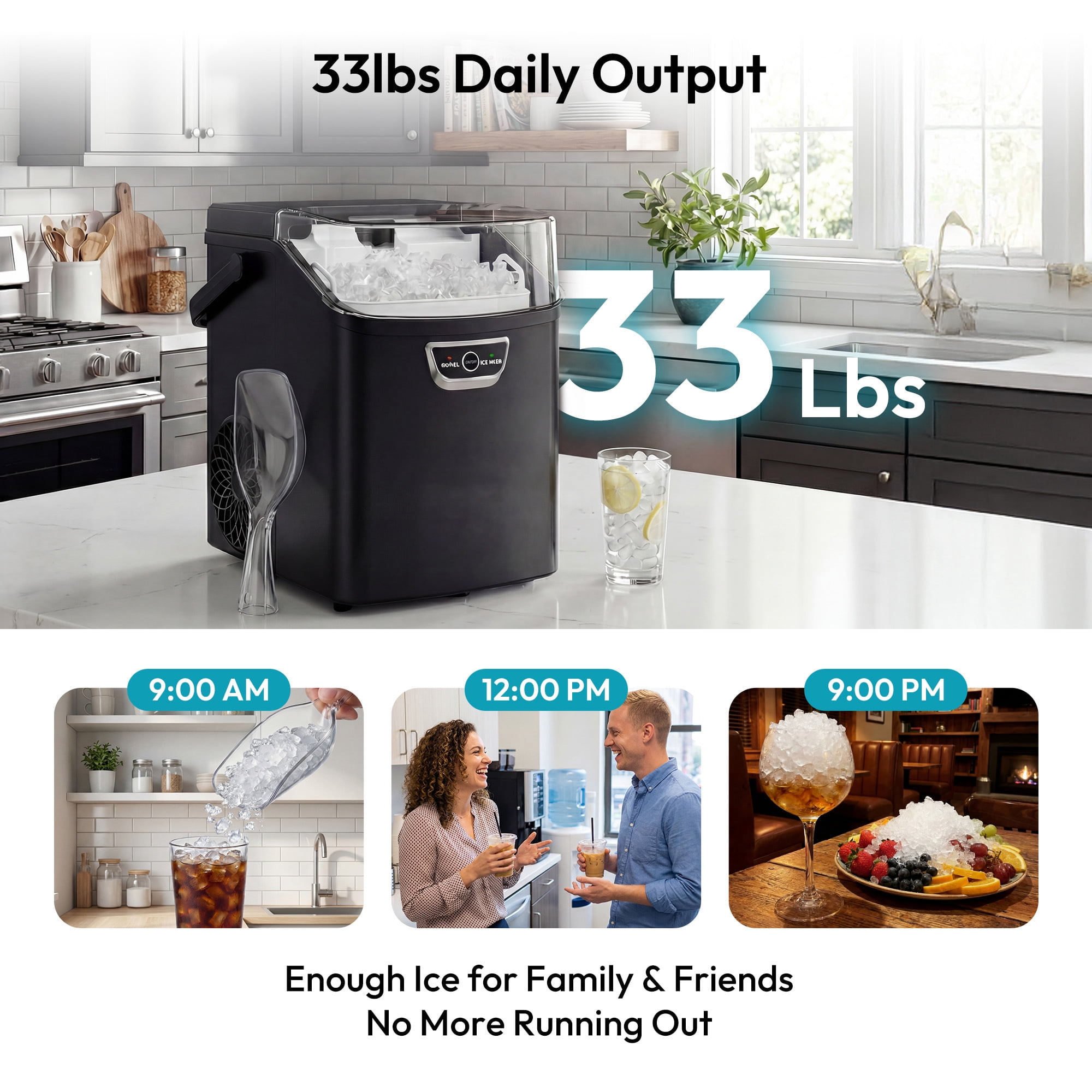 EUHOMY Countertop Nugget Ice Maker, 33Lbs/24H, Ready in 5 Mins, Self-Cleaning Portable Ice Machine, Black