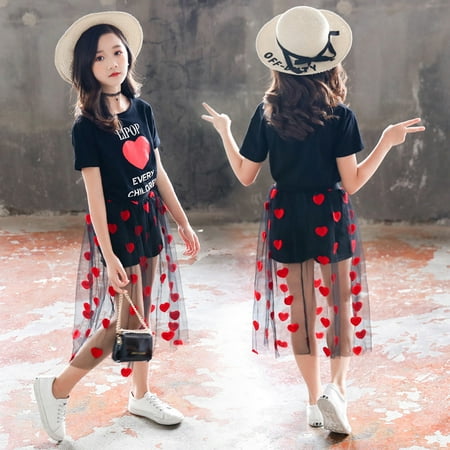 

New Year New You 2022! on Clearance Hesxuno Teen Kids Girls Letter Heart Shape Short Sleeve T Shirt Tops Tulle Dress Outfits Set Baby Girl