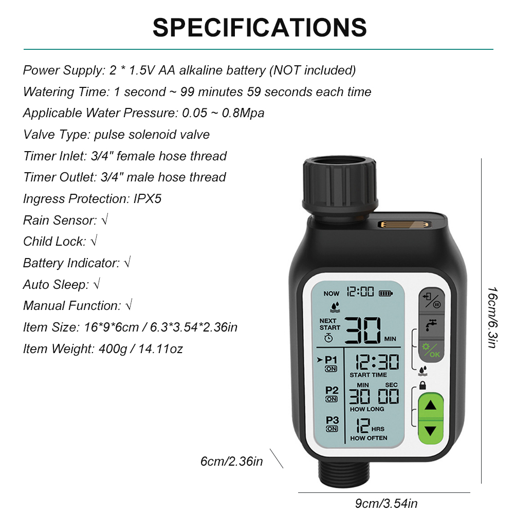 Walmeck Electronic Irrigation Regulator Automatic Irrigation Timer with Large LCD Screen Waterproof Sprinkler Controller 3 Separate Timing Programs Weak Electricity Protection Rain Sensor Child Lock - image 3 of 7