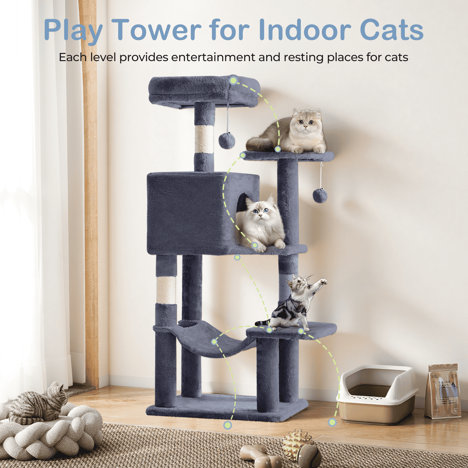 MAYEERTY 44-inch Cat Tree Tower Multi-Cat Climbing Natural Sisal Scratching Posts Extended Platform Hammock
