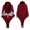 thumbnail image 4 of Xfvqtps Women Cape Faux Fur Collar Cloak Striped Crochet Fringed Hem Loose Windproof Coldproof Warm Winter Long Coat Wine, 4 of 5