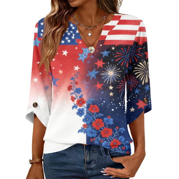 Evdexr 250th Anniversary Usa Shirts for Women 4th Of July V Neck Tops Patriotic 3/4 Sleeve Graphic Usa Flag Shirt 1776 2026 Button Casual T Shirts Blue XL