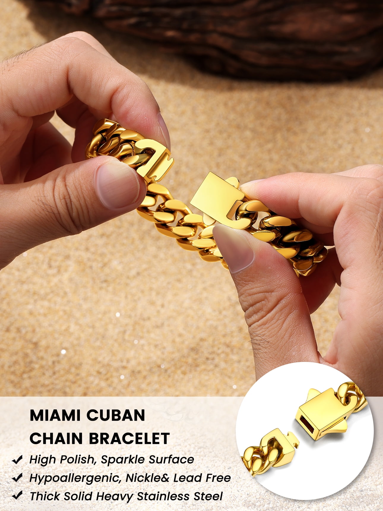 Bestyle 5mm Cuban Link Bracelets for Men Women, 18K Gold Plated Stainless Steel Chain Bracelet Punk Cool Hip Hop Jewelry Gift, 21cm/8.3in