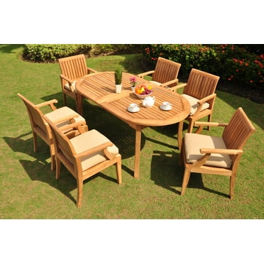 Teak Dining Set:6 Seater 7 Pc - 94" Double Extension Oval Table and 6 Lagos Arm / Captain Chairs Outdoor Patio Grade-A Teak Wood WholesaleTeak #WMDSLG2