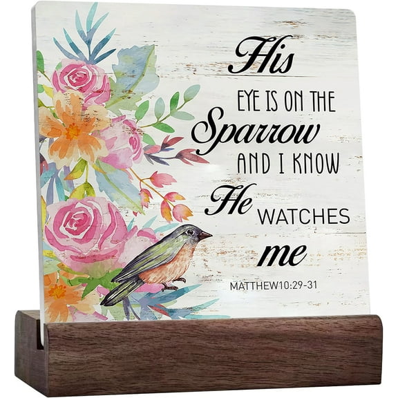 Bible Verse His Eye Is On The Sparrow Sign Rustic Scripture Ceramic Table Sign Christian Home Office Desk Shelf Decor