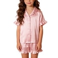 thumbnail image 5 of Purcolt Girls 3 Piece Pajamas Sets Comfortable Satin Short Sleeve Button Up Shirts and Shorts Pants Pjs Sleepwear Summer Ruffle Nightwear, 5 of 9