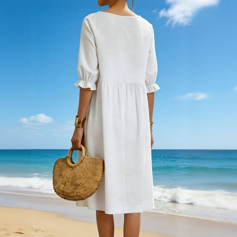 Enjoytime Holiday Dresses for Women Solid Color V-Neck Ruffle 3/4 Sleeve  Dress Summer Beach Vacation Casual Midi Dresses - Walmart.com