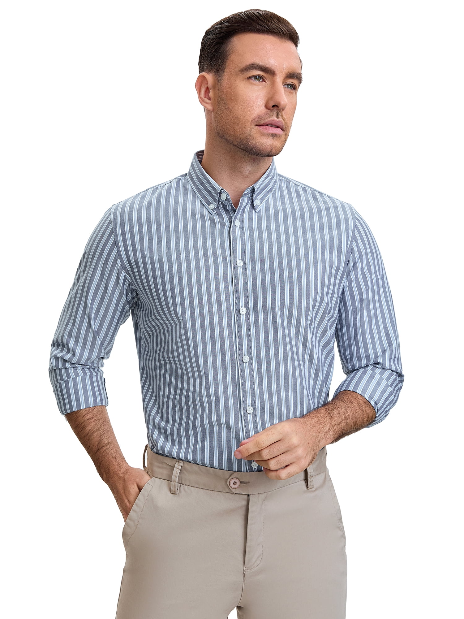 DARING DIVA Men's Stripes Long Sleeved Button Down Business Dress Shirts XL Light Gray