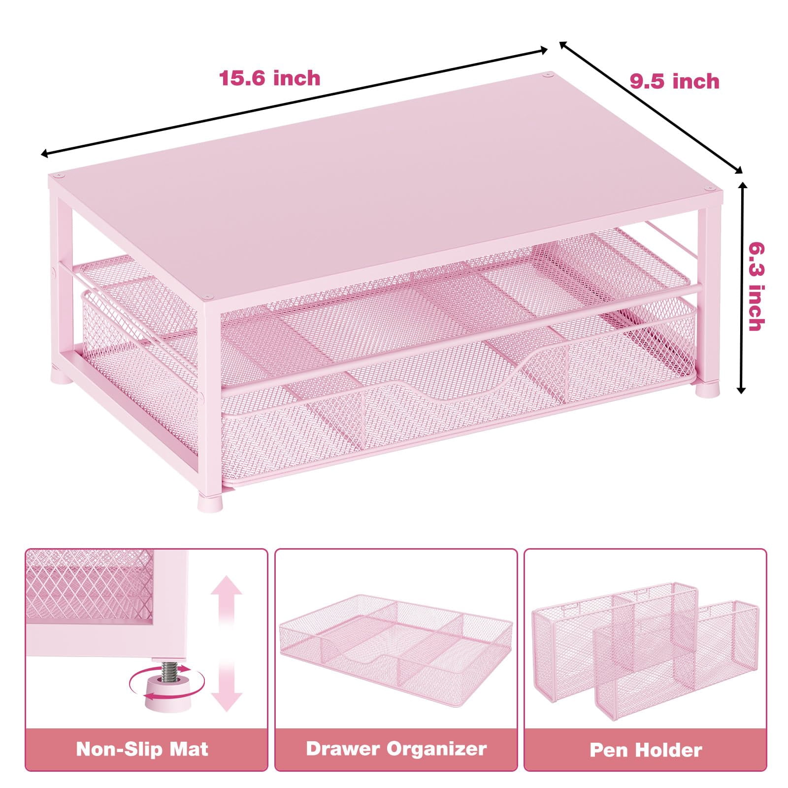 Desk Organizers And Accessories  2-tier Computer Monitor Stand Riser With Drawer 2 Pen Holders Laptop Office & Decor For Women Pink