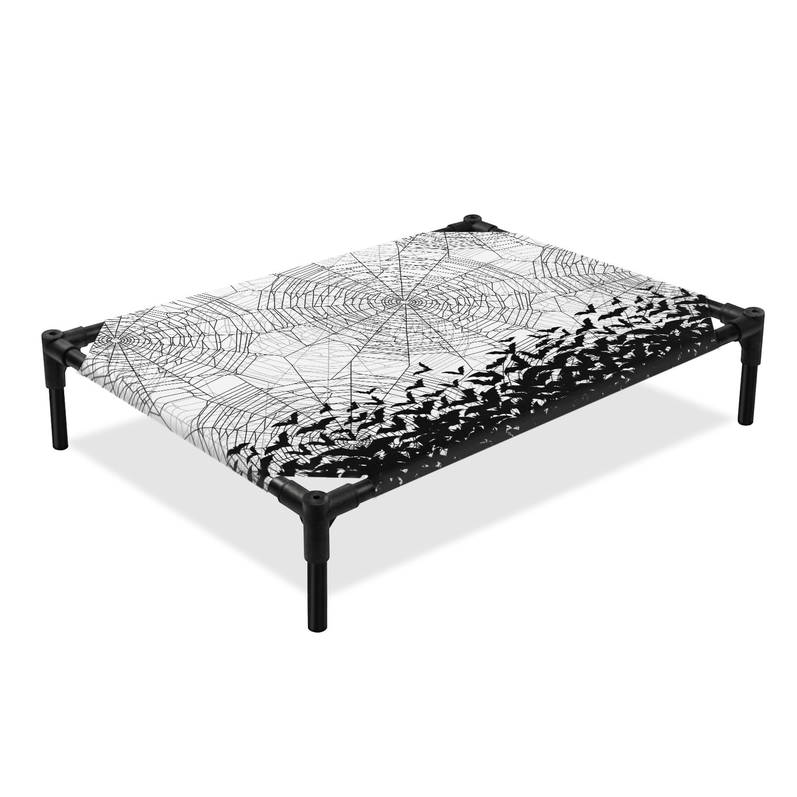 Spiders Webs Elevated Dog Bed Flying Black Bats Silhouettes Cobweb Overlays Vintage Cooling Breathable Outdoor Raised Dog Cot Bed with Metal Frame Non-Slip Feet for Medium Dog 24x20in