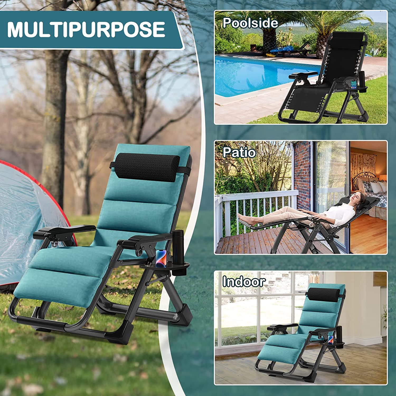 Slsy Zero Gravity Chair Folding Adjustable Reclining Lounge Chair with Cushion Headrest and Cup Holder Supports up to 440lbs