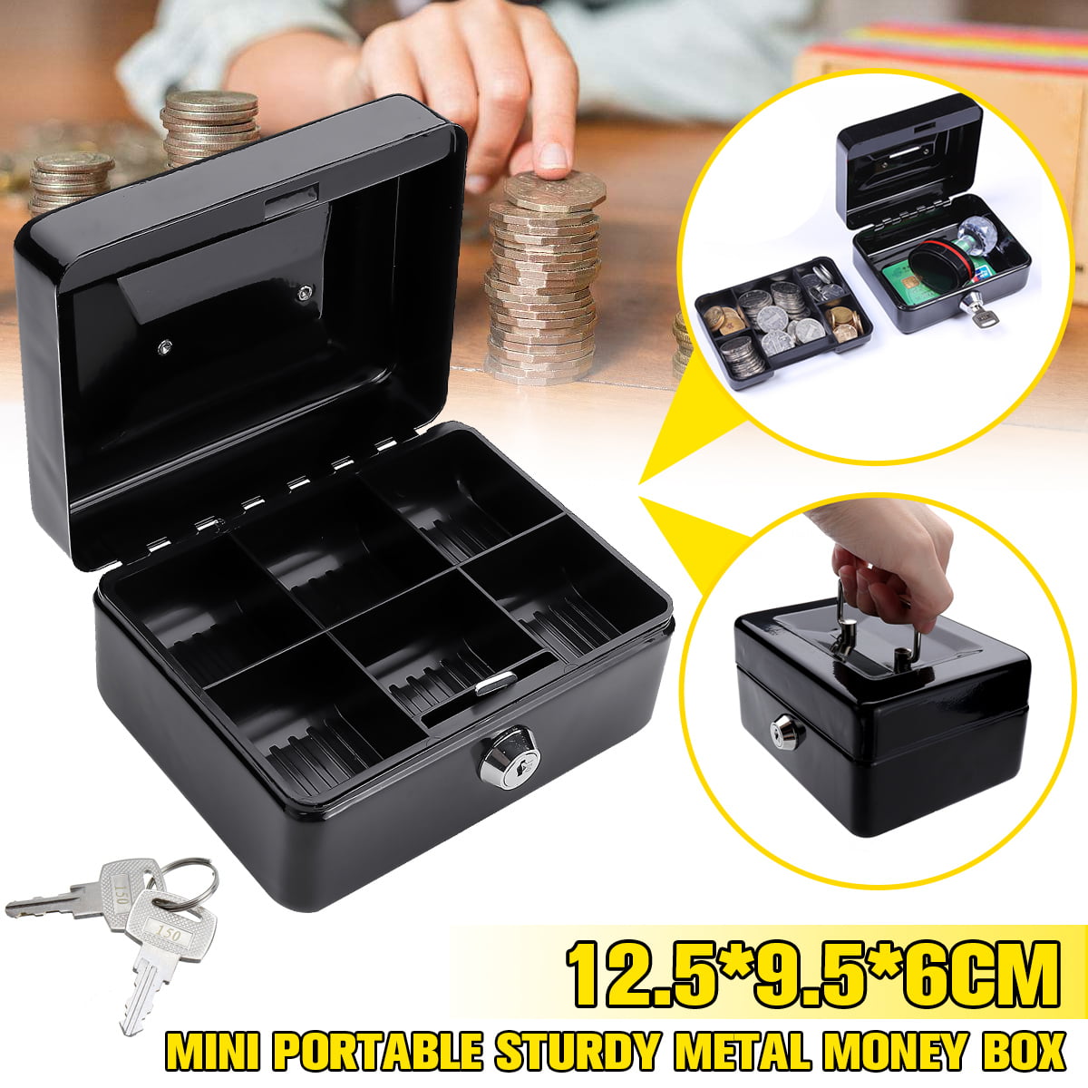 New Metal Cash Box Key Lockable Storage Security Petty 15 cm including 2 keys 