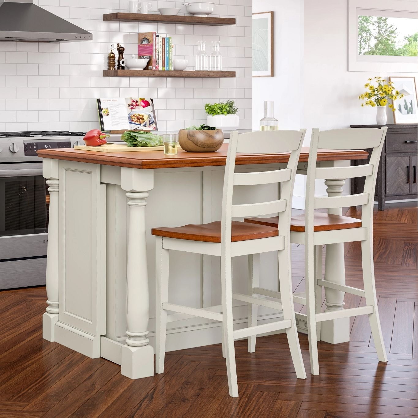 Homestyles Americana Solid Oak Drop Leaf Kitchen Island Set with Seating in Off White Walmart