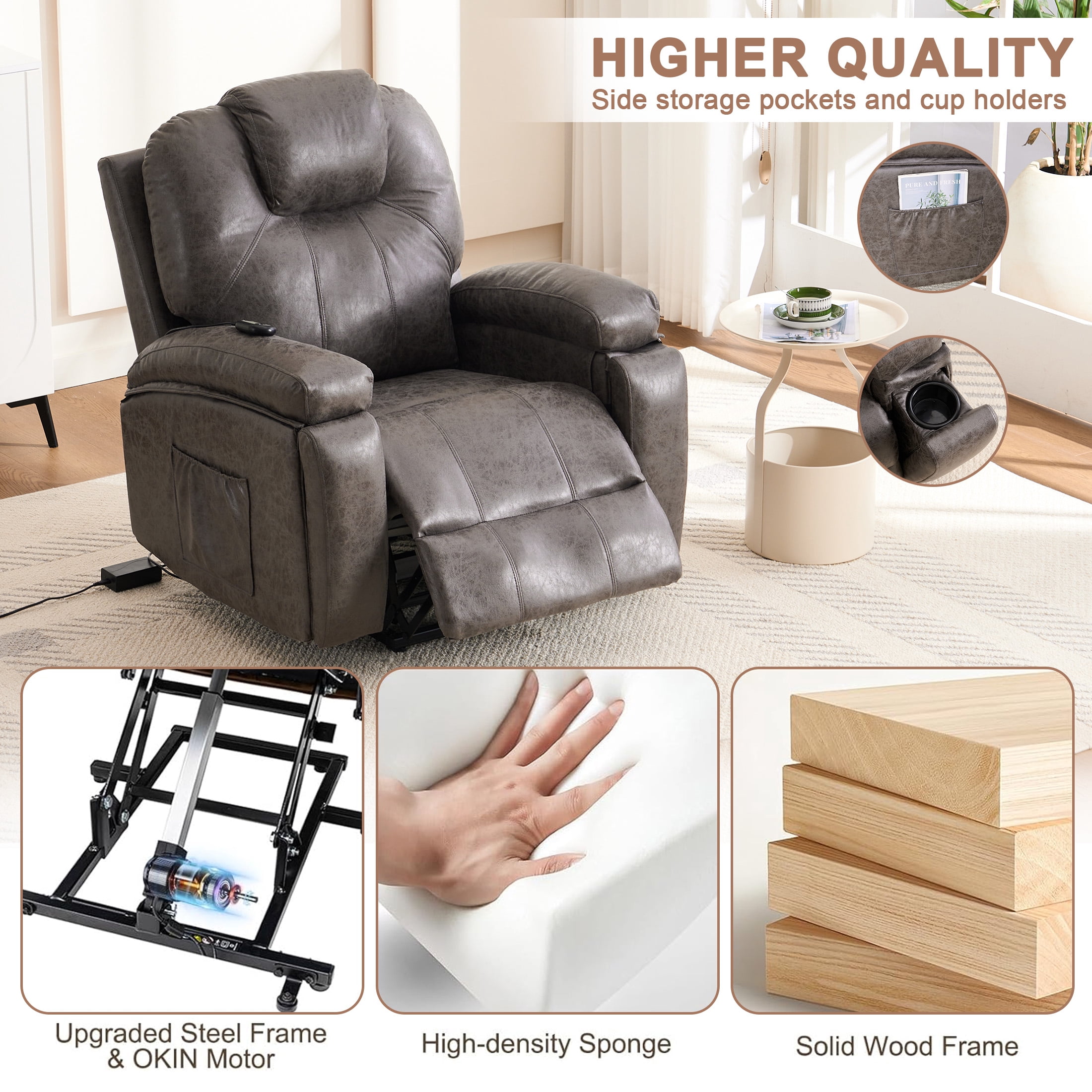Aukfa Power Lift Recliner Chair w/ Massage & Heat for Elderly, Overstuffed Recliners,Concealed Cup Holder,Gray'
