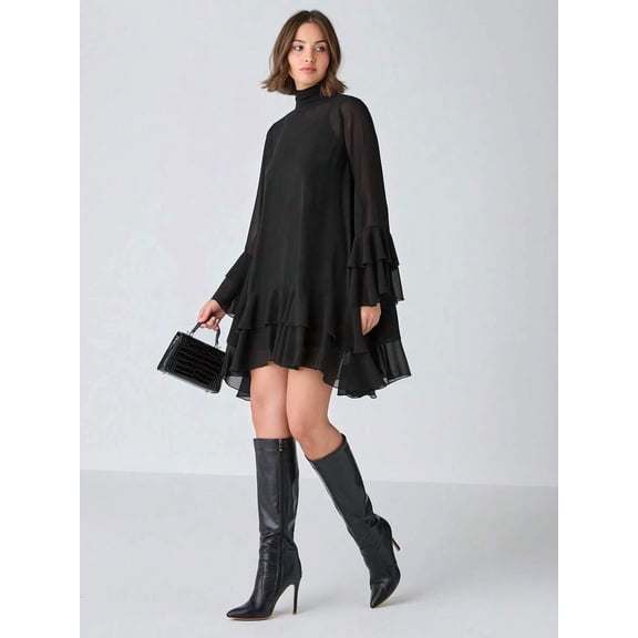 Black Solid Layered High Neck Flowy Long Sleeve Mini Dress With Ruffle Sleeves
