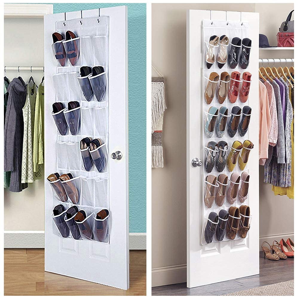 Sneakers and Home Accessories 24 Large Clear Durable Pockets Gorilla Grip Over The Door Hanging Shoe Organizer Storage Rack and Hang Organizers for Shoes Hooks for Closet Doors Beige 64x19