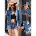 thumbnail image 2 of DARING DIVA Women's Denim Blazer Open Front Casual Stand Collar Jeans Jacket XS Blue, 2 of 6