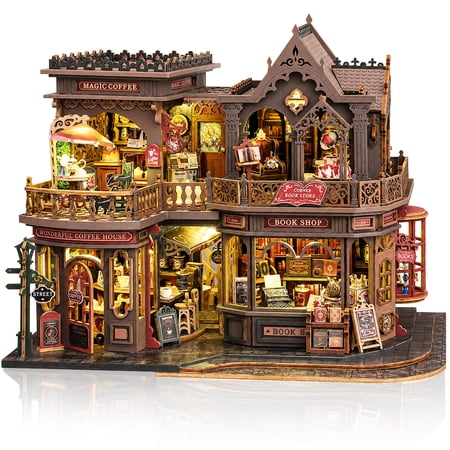 MOJINO DIY Miniature House Kit Bookstore Coffee House Book Nook Kit for Adults DIY Miniature House Kit with LED Light 3D Wooden Puzzle Bookshelf Decor Craft Kit