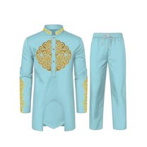 High Quality African Mens 2 Piece Set Long Sleeve Gold Embroidery Dashiki Shirt and Pants Outfit Traditional Suit WYN1913