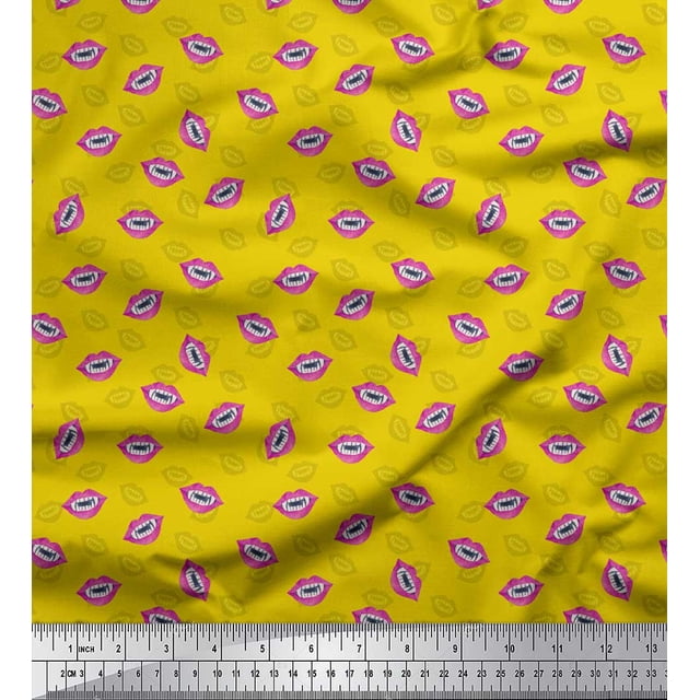 Soimoi Yellow Poly Georgette Fabric Monster Lips & Teeth Face Print Fabric by the Yard 52 Inch Wide