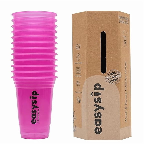 EasySip Reusable Party Glasses | Drinking Glass | BPA-Free | Leak Proof House Party Dispenser | Colourful Juice Tumbler Assorted Cups | Pack of 12 (400 ML - Pink)