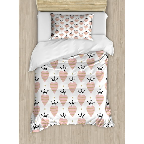 Valentine's Day Duvet Cover Set Twin Size, Repeating Heart with a Crown Drawn by Hand, Decorative 2 Piece Bedding Set with 1 Pillow Sham, Blush Charcoal Grey, by Ambesonne