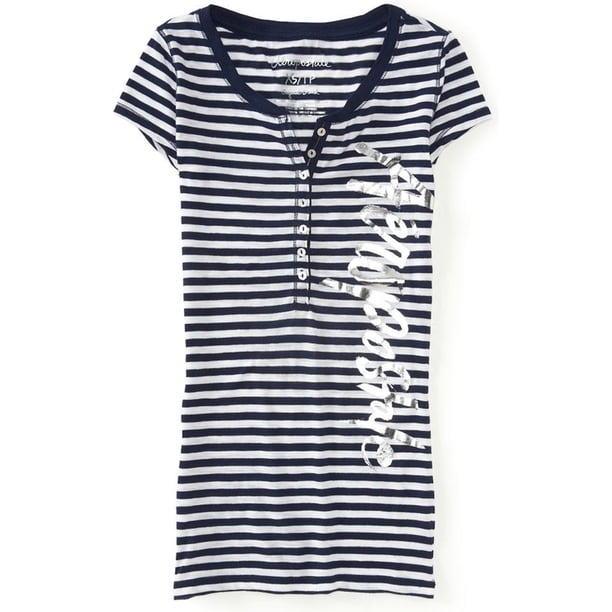 Aeropostale - Camiseta henley a rayas para mujer, color blanco, XS
