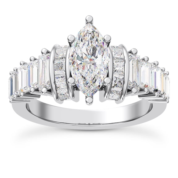 Oryn Jewel 14K White Gold Over Princess-Cut and Baguette Engagement Ring - 2.3 Ct Marquise Cut Lab Created Diamond Solitaire Wedding Band - Stylish and Premium Lab Grown Diamond Jewelry