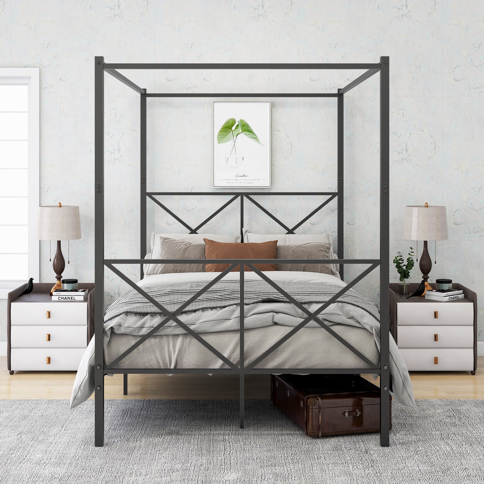 Aukfa Full Size Canopy Bed Frame, Four-Poster Metal Platform Bed with X Shaped Headboard - Black