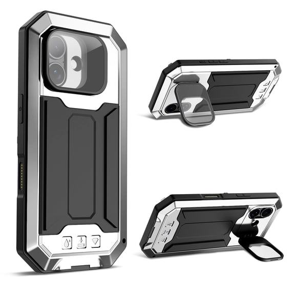 for iPhone 17 Rugged Metal Case, with Screen Protector Kickstand Camera Sliding Cover for iPhone 17 Full Cover Military Sturdy Armor Shockproof Dorp Test Cover for Outdoor, Silver