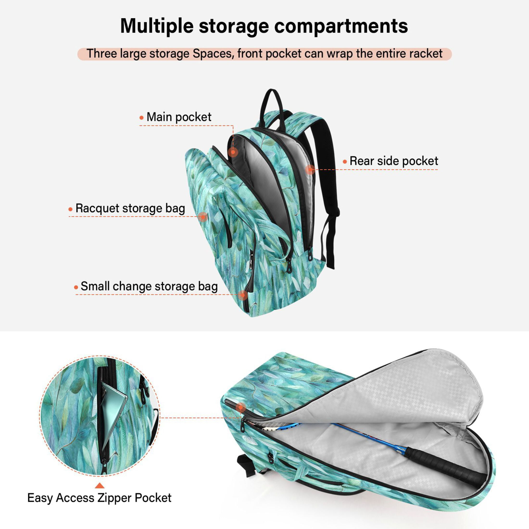 2 Racquet Holder Tennis Backpack Tennis Racket Covers Gym Bags Teal Leaves and Vines