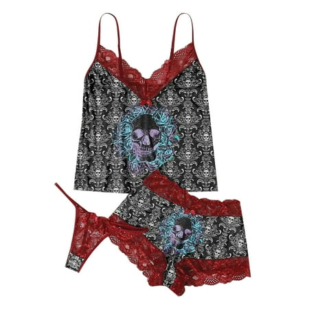 

Upgraded 2023 Gifts Women Exquisite Lace Lingerie Bra+Short+Briefs Set Skull Print Sleepwear