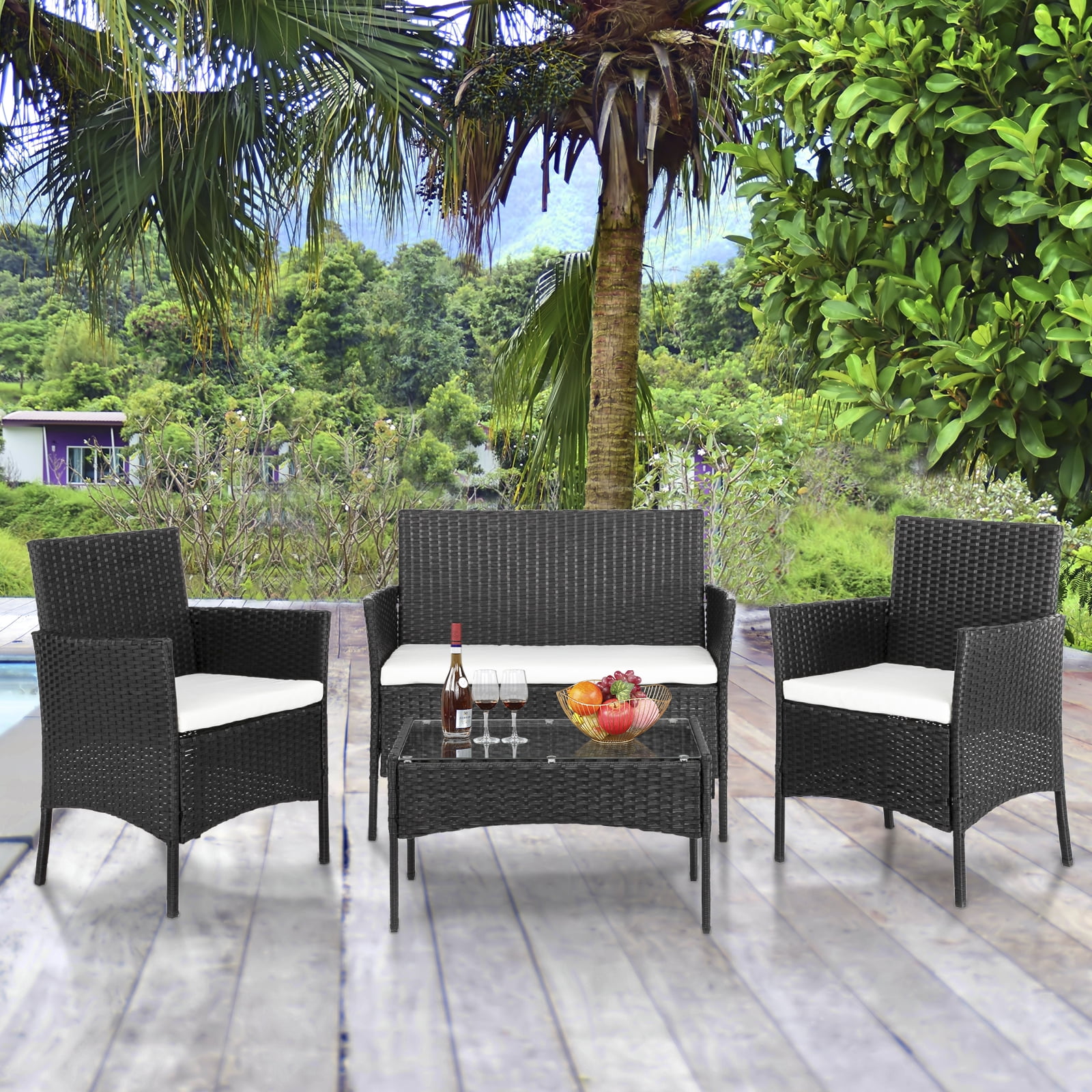 Ktaxon 4Pcs Rattan Wicker Conversation Set with Tempered Glass Table, Outdoor Patio Wicker Furniture Sofa Set for Garden, Poolside, Deck, Lawn, Black