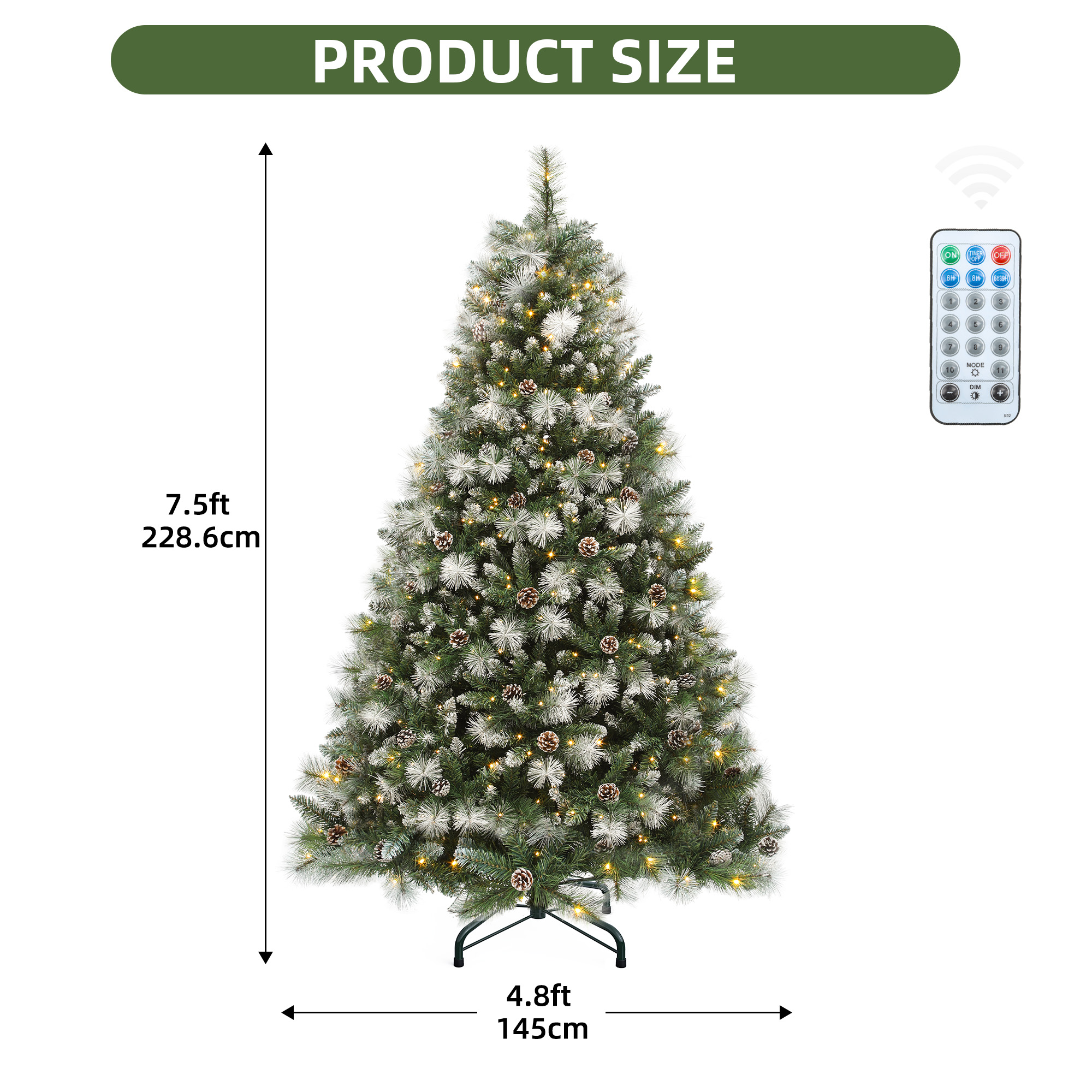 Uforic 7.5ft Pre-lit  Artificial Christmas Tree with 1399 Branch Tips & 750 Lights, Pre-Decorated Scotch Pine Christmas Tree with Remote, 11 Light Modes, 77 Pine Cones, Green
