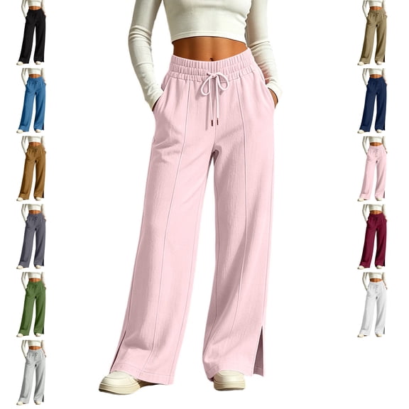 Womens Wide Leg Sweatpants Cotton Line Elastic High Waisted Side Slits Drawstring Baggy Lightweight Pants with Pockets Athletic Joggers Trousers