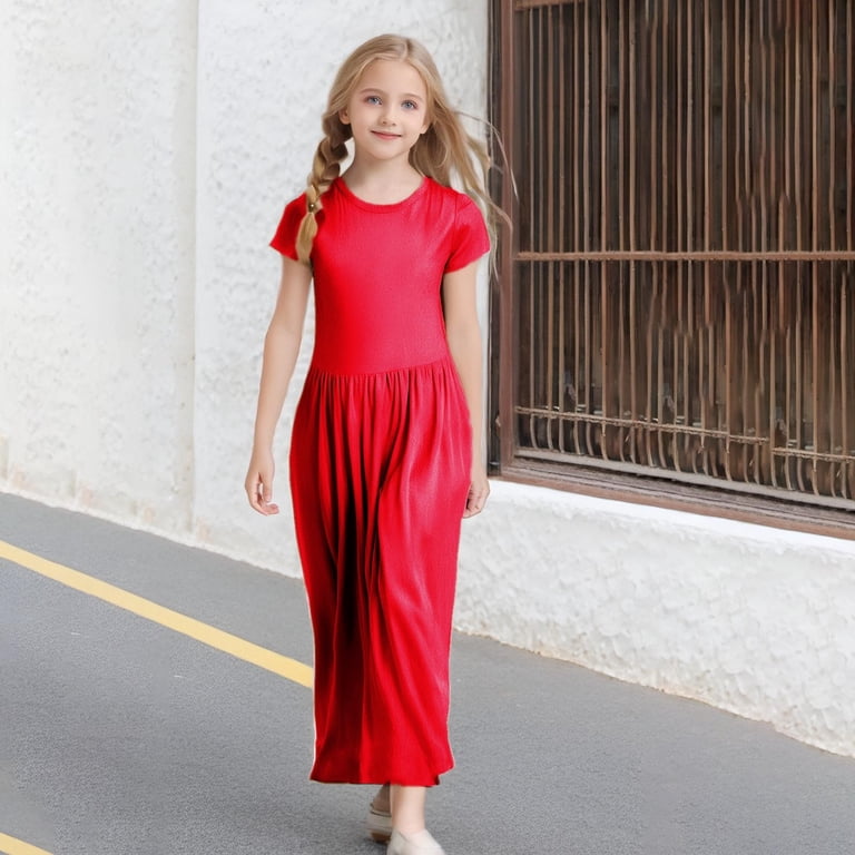 maxi easter dresses little girls FhsagQ Dress Easter Dresses for Girls 10-12 Fancy Girl's Short Sleeve Solid  Color Loose Casual Long Maxi Dress with Pockets Girls Easter Dresses Size  14-16 Fall Red 5-6 Years