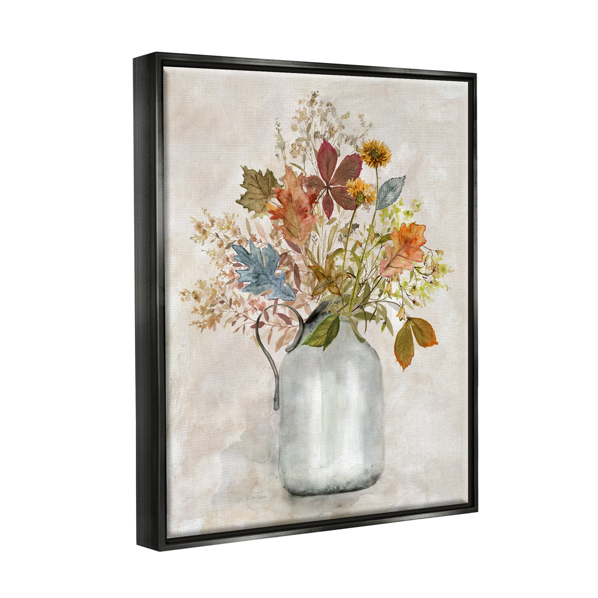 Stupell Industries Autumn Florals in Jug Botanical & Floral Painting Black Floater Framed Canvas Art Print Wall Art, 25 x 31