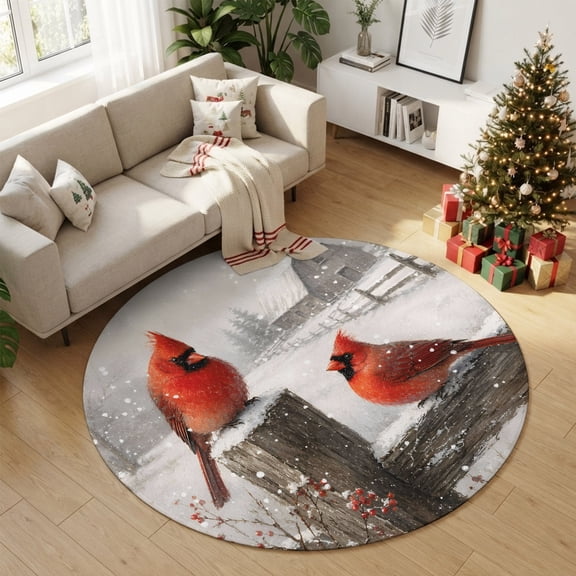 Round Rug 3.3Ft Washable Non-Slip, Christmas Cardinal Circle Area Rugs for Living Room Bedroom, Farmhouse Wood Barn Winter Xmas Indoor Floor Mats Carpet Runner for Home Decor