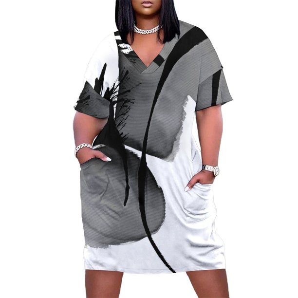 Vestido holgado con bolsillos abstractos en blanco y negro de tinta, vestidos de moda para mujer, traje de verano para mujer, vestido elegante y chic para mujer.