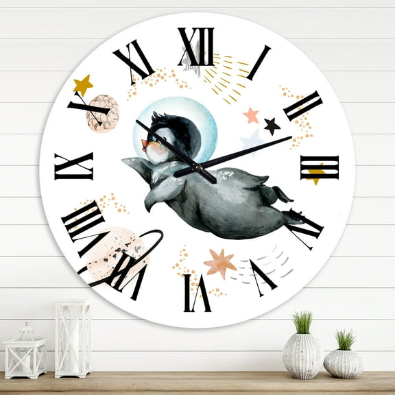 Designart 'Little Penguin Flying Stars And Planets Ii' Farmhouse Wall Clock