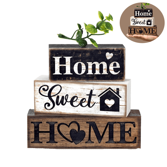 4-Piece Farmhouse Wooden Tabletop Decor Set: Wooden Block Sign, “Sweet Home” Centerpiece,Farmhouse Tiered Tray, Rustic Eucalyptus Leaves, Home Table Decoration