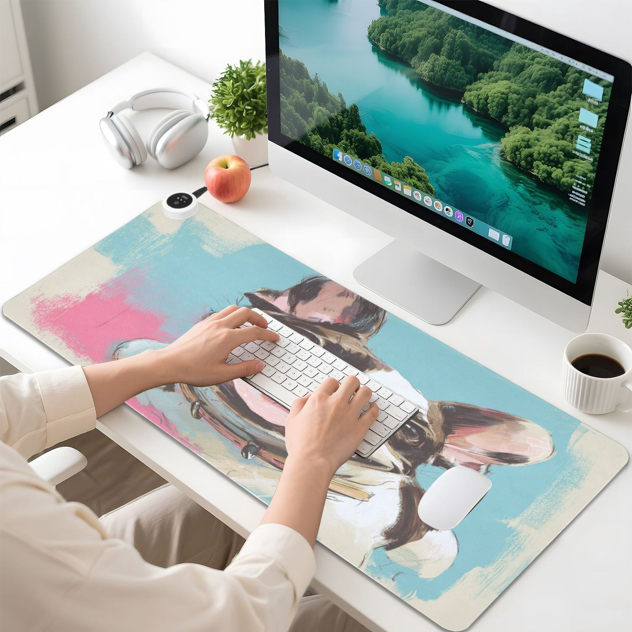 Large Heated Desk Mat Mouse Pad 31.5"x13"PU Leather Graphene Heating Desk Warmer with 3 Temperature Settings 110V US Plug Non-Slip Warm Pad for Home, Office, and Gaming Happy Frenchie Pop Portrait