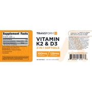 TransformHQ Vitamin K2 (MK7) (100mcg) + Vitamin D3 (5000 IU) 120 Softgels - Gluten Free and Non-GMO