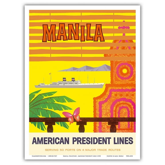 Manila Philippines - American President Lines - Vintage Ocean Liner Travel Poster c.1958 - Master Art Print (Unframed) 9in x 12in