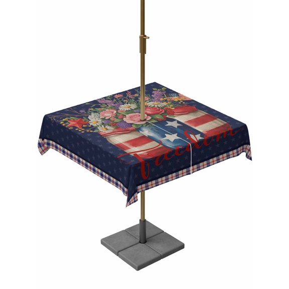 Outdoor Tablecloth with Umbrella Hole, Independence Day Pink Red Flowers Zippered Table Cloth for Rectangle Tables, Retro Blue Plaid Washable Waterproof Tablecloths for Picnic Patio Garden
