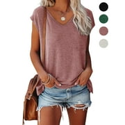 Gustave Women V Neck Cap Sleeve T-Shirts Summer Casual Tops Fashion Solid Blouse Basic Tees Loose Fit "Pink, L"